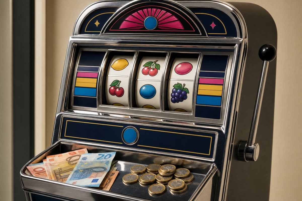 Chrom-Spielautomat mit Euro-Münzen in der Auszahlschale