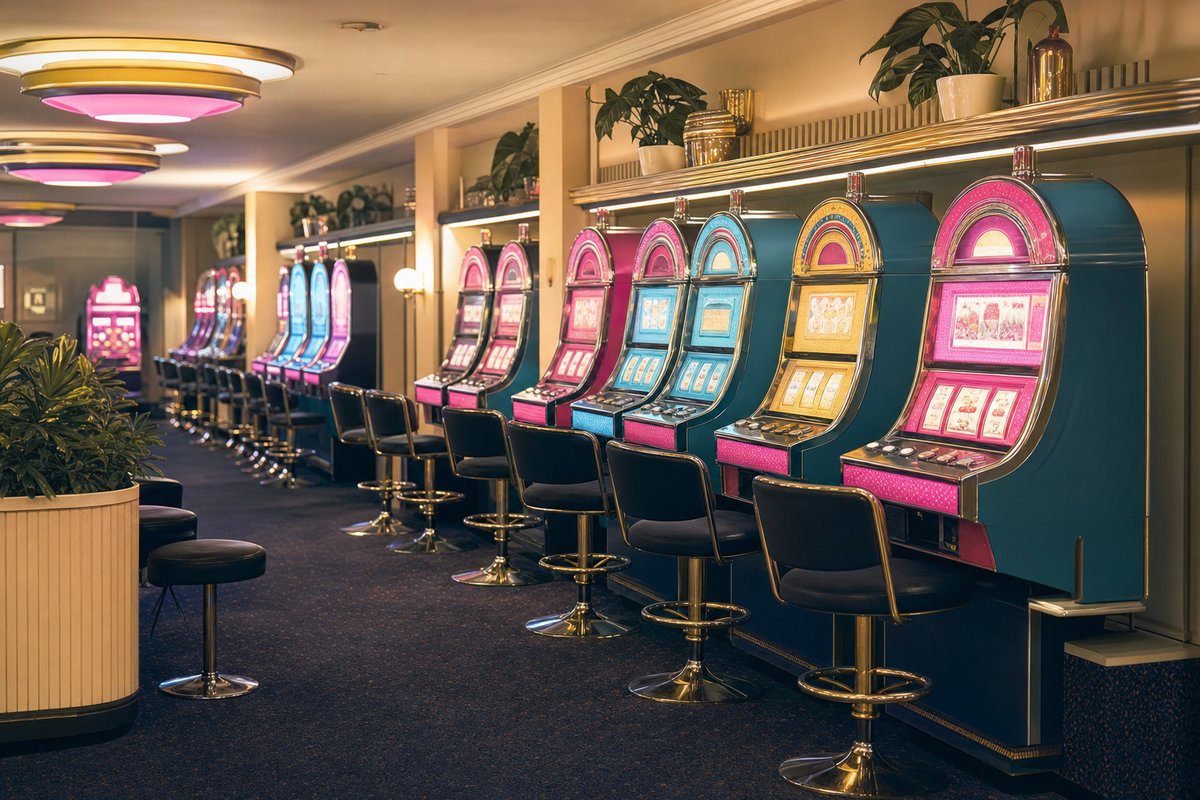 Warm beleuchtete Spielhalle mit bunten Automaten in Rosa, Blau und Petrol