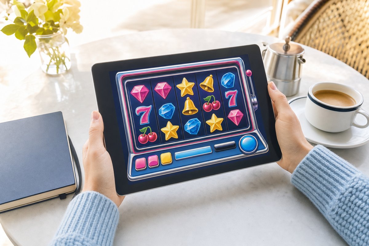 Tablet mit buntem Slot-Spiel auf einem Cafétisch