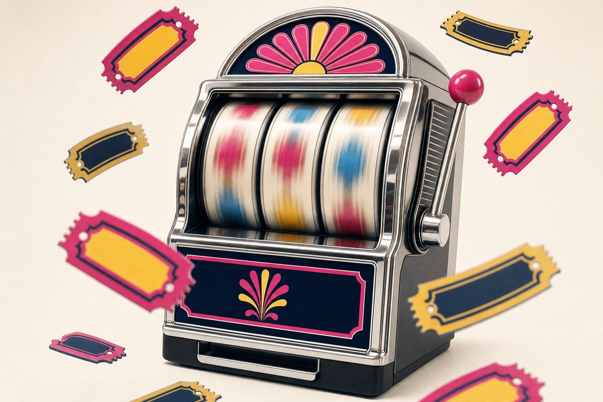 Slot-Walzen in Bewegung mit Freispiel-Marken in Rosa und Gelb
