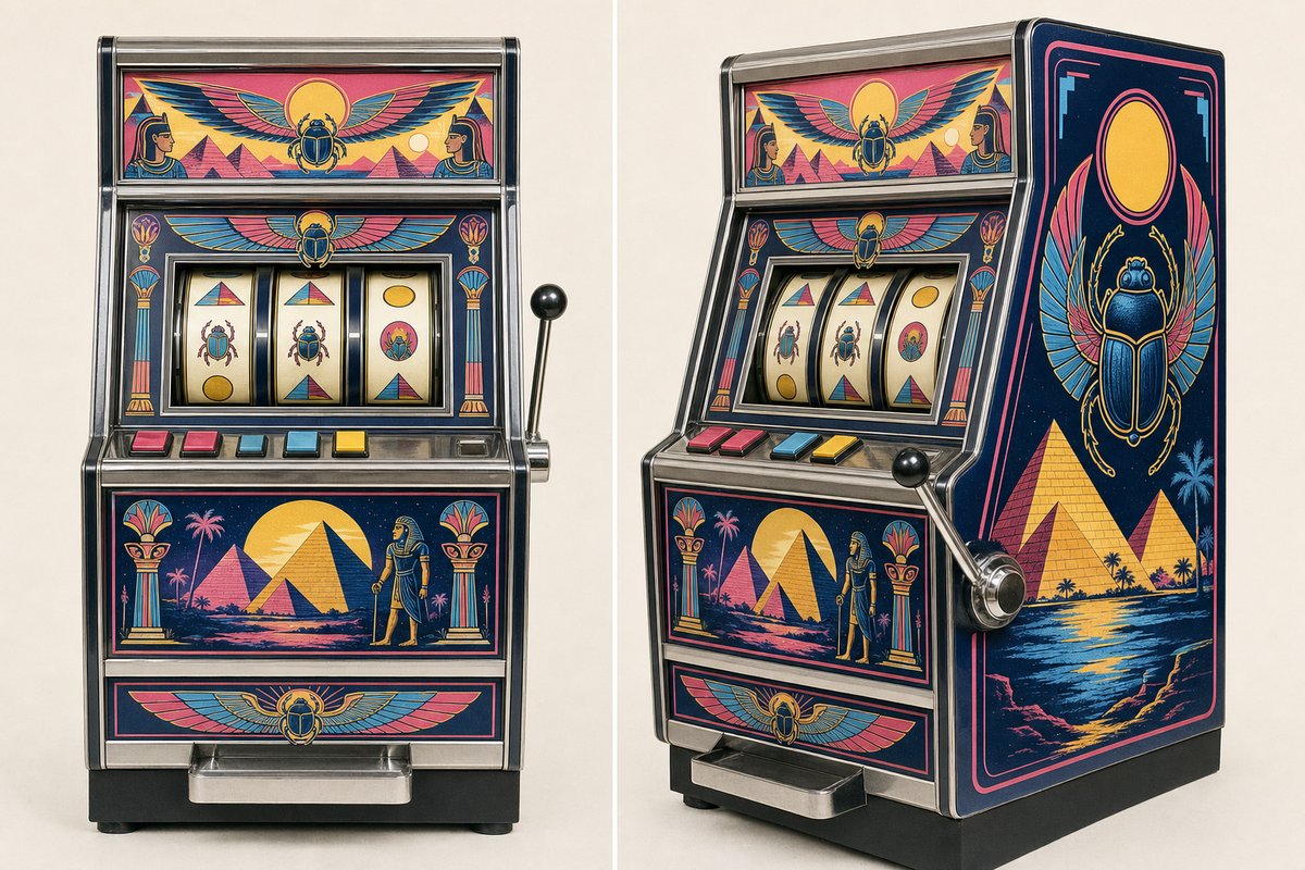 Retro-Spielautomat mit ägyptischen Motiven in Rosa, Blau und Gelb