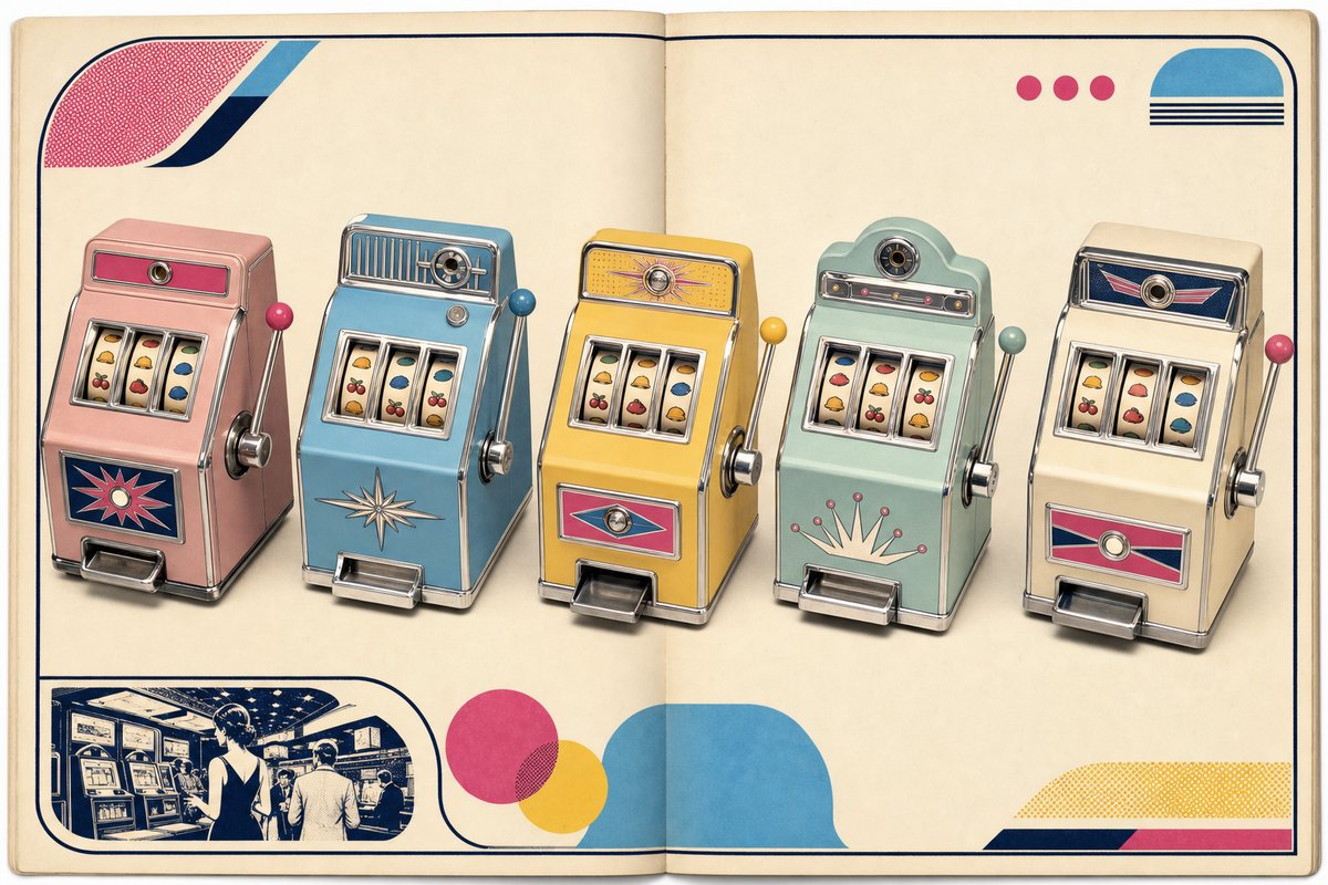 Katalog-Doppelseite mit fünf Retro-Spielautomaten in Pastellfarben